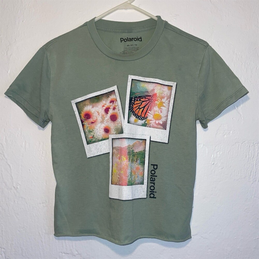 Polaroid Womens Graphic T-Shirt XS Sage Green Butterfly Floral Crew Neck